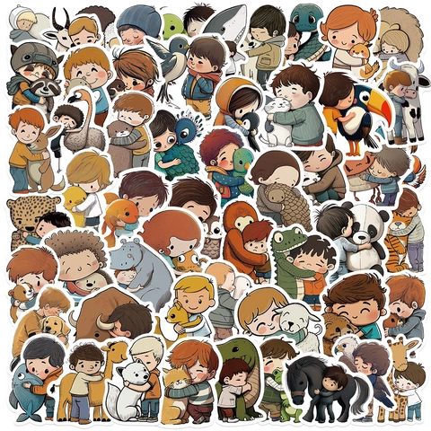 Cartoon Kid And Animal Hugging Stickers Waterproof PVC Decals For Laptop Helmet Phone Case Water Bottle Decorative Stickers