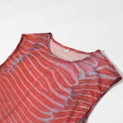 Mujer Body Sin Mangas Cuello Redondo Y Falda Larga Estampada Moda Malla Patrón De Ondas Artísticas Rojo Oscuro Transpirable Ropa Casual Vacaciones
