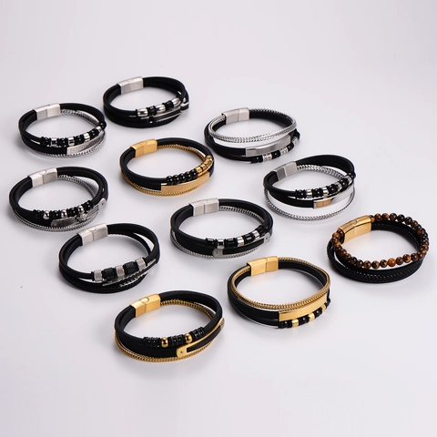 Men Multi Layer Geflochtenes Lederarmband Edelstahl Magnetverschluss Ethno Stil Perlen Armreif Modeschmuck Accessoire