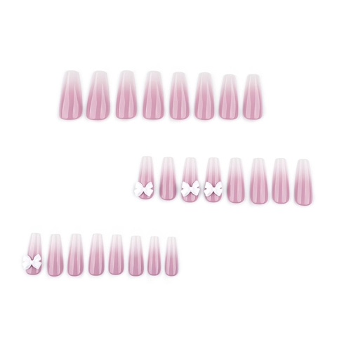 Press On Nägel Acryl Lang Sargform Weiß Ombre Französischer Stil Mit 3D Bogen Dekoration Für Frauen Elegante Nägel