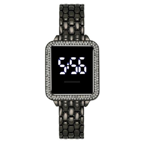 Women Digital Watch LED Touch Screen Rhinestone Inset Alloy Case Metal Band Square Fashion Wristwatch