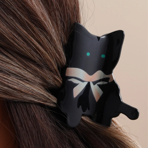 Cute Black Cat Acetate Hair Claw Clip With Colorful Bow For Women Girls Abstract Animal Unique Hair Accessories