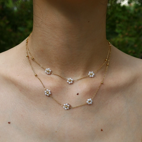 Collar De Perlas Chapado En Oro De 18k De Acero Inoxidable 304 Con Flor Redonda De Moda