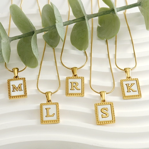 Square Letter Pendant Necklace 18K Gold Plated Stainless Steel With Mother Of Artificial Pearl Inlay Snake Chain For Women Minimalist