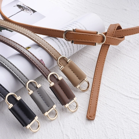 Women Minimalist Thin PU Leather Belt Versatile Solid Color Dress Waist Belt Gold Metal Buckle Fashion Accessory