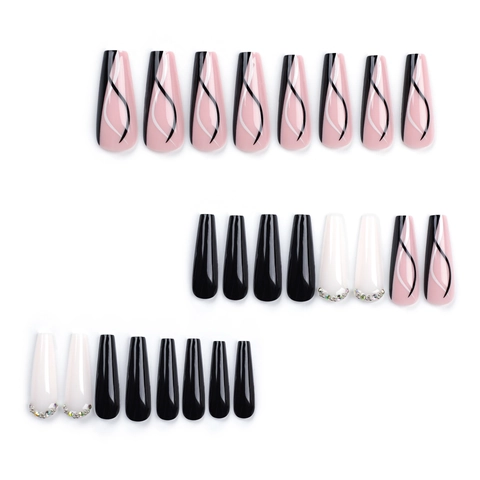 Press On Nails Lange Sargform Minimalistisch Schwarz Weiß Wirbel Strass Glänzende Künstliche Fingernägel Damen