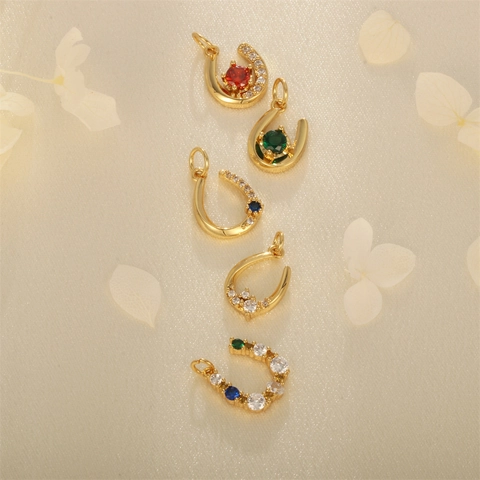 Horseshoe U-Shape Pendants 18K Gold Plated Copper Inlaid Colorful Cubic Zirconia For DIY Jewelry Making Crafts