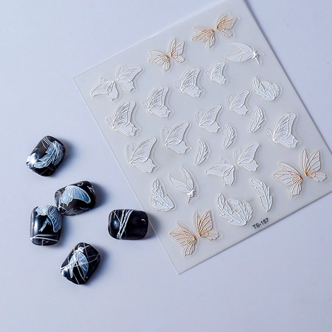 Pegatinas Para Uñas 5D Relieve Alas De Mariposa Blanco Oro Autoadhesivas Pluma Decoración Manicura Para Mujeres