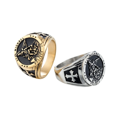 Anillo Sello Vintage Arcángel San Miguel Protégenos Acero Inoxidable Escudo Religioso Cruz Relieve Hombre Punk