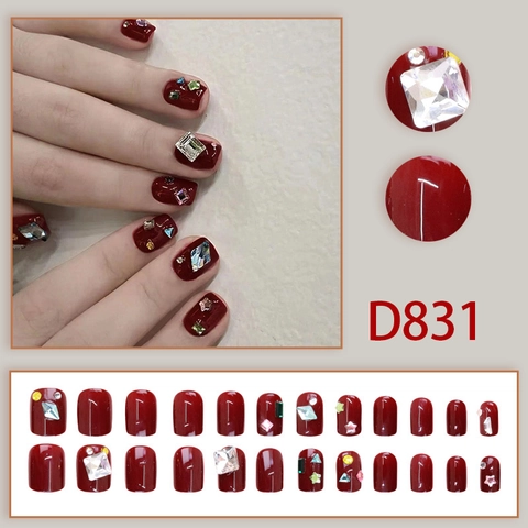 Uñas Postizas Color Burdeos Brillantes Con Decoración De Pedrería Colorida Uñas Artificiales Elegantes Rojo Oscuro Para Mujeres