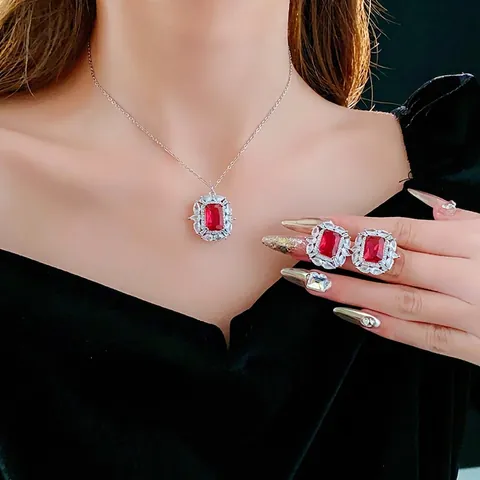 Collana E Orecchini Con Zircone Rosso Rettangolare Con Perno In Argento Gioielli In Rame Stile Vintage Donna