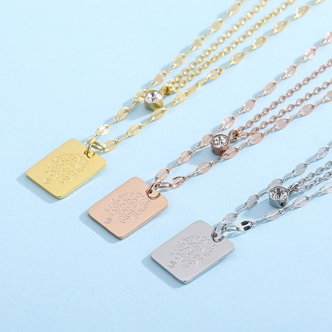 Collar Doble Capa De Acero Inoxidable Colgante Cuadrado Grabado Love Alone Waken Love Colgante De Circón Joyería De Moda Mujer