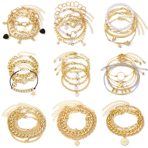 Bracciali Multistrato Vintage Per Donna Lega Metallo Catena Spessa Cuore Stella Perla Artificial Charms Gioielli Boho