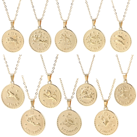 Zodiac Sternzeichen Runde Münze Anhänger Halskette Edelstahl Vintage Vergoldet Relief Schmuck Für Damen Herren