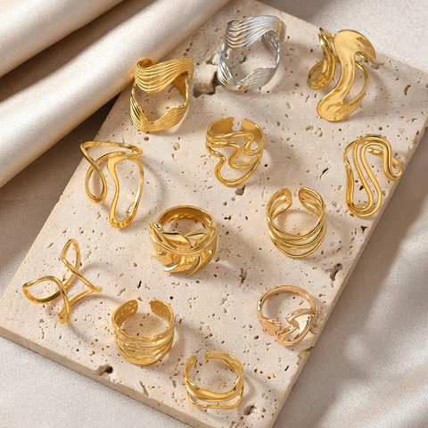 Vintage Alloy Gold Plated Open Adjustable Rings Irregular Wave Flower Heart Geometric Jewelry Gift For Women Girls