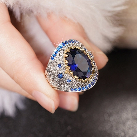 Anello Bohémien Rame Vetro Grande Pietra Blu Ovale Incisione Intricata Bicolore Retrò Barocco Gioielli Da Donna