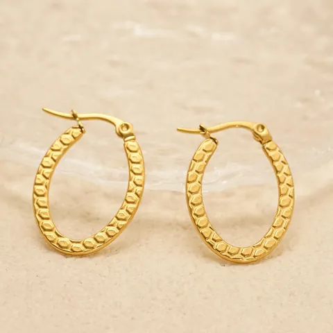 18K Gold Plated Stainless Steel Oval Hoop Earrings For Women Honeycomb Texture Hexagon Geometric Pattern Ins Style