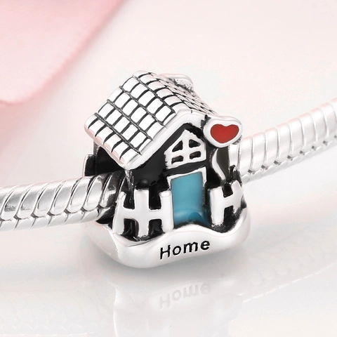 House Charm Bead 925 Sterling Silver Enamel Red Heart Home Engraving For DIY Bracelets Jewelry Making Fashion