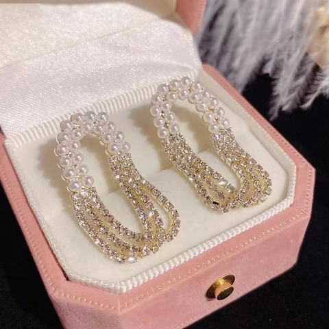 Hepburn Französischer Stil Künstliche Perle Strass Quaste Ohrringe 925 Sterlingsilber Stift Mehrlagiger Ohrschmuck Für Damen