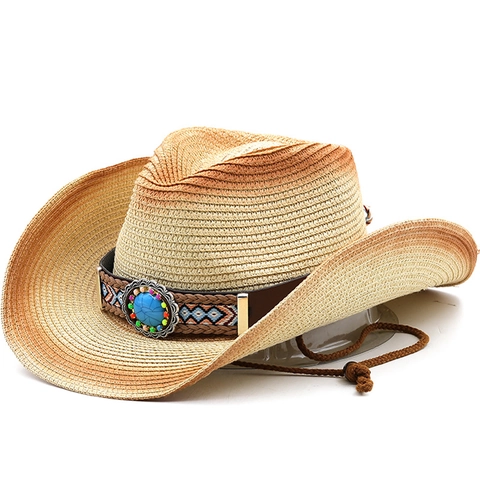 Chapeau De Cow-Boy En Paille De Papier Dégradé Large Bord Ethnique Bohème Décor Turquoise Corde À Vent Chapeau De Soleil