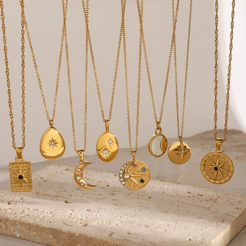 Edelstahl Stern Zirkon Anhänger Halskette Vergoldet Bohemian Celestial Sonne Mond Kompass Schmuck Für Damen