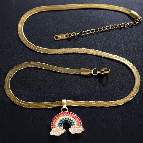 Gold Plated Kupfer Regenbogen Anhänger Halskette Mit Farbigen Zirkonia Eingelegt Schlangenkette Mode Schmuck Für Damen Geschenk