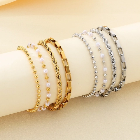 Bracciale In Acciaio Inossidabile Con Perla Artificial Sintetica Placcato Oro 18K Gioielli Catena A Maglie Minimalista Per Donna Uomo