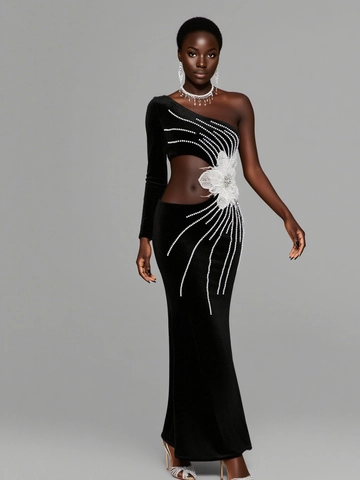 Elegant One Shoulder Velvet Evening Gown Mermaid Long Dress With 3D Flowers Artificial Pearl Rhinestones Hollow Out Sexy Slim Fit
