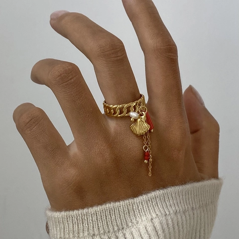 Edelstahl Ringe Für Damen Vergoldet Ozean Muschel Künstliche Perle Anhänger Hohl Twist Gehämmert Zirkonia