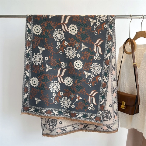 Sciarpa In Finto Cashmere Con Fiori Retrò Scialle Invernale Lungo E Caldo Con Nappine Stile Etnico Per Donna E Uomo
