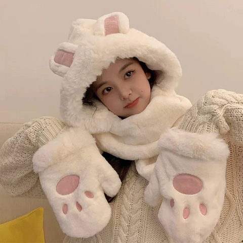 Sciarpa Con Cappuccio Multifunzionale Con Berretto E Guanti Pelliccia Di Coniglio Finta Peluche Caldo Inverno Orecchie Di Animali Carine Donne Ragazze