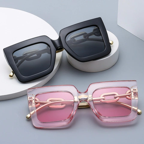Gafas De Sol Cuadradas De Gran Tamaño Moda Mujer Protección UV400 Montura PC Patilla Cadena Metálica Elegante