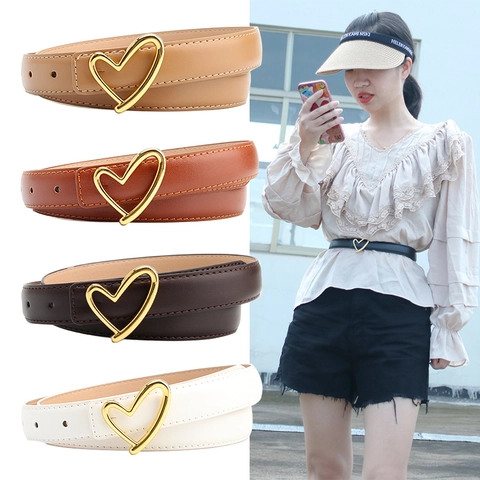 Women Skinny PU Leather Belt Gold Heart Shaped Buckle Thin Waist Strap Fashion Accessory Adjustable