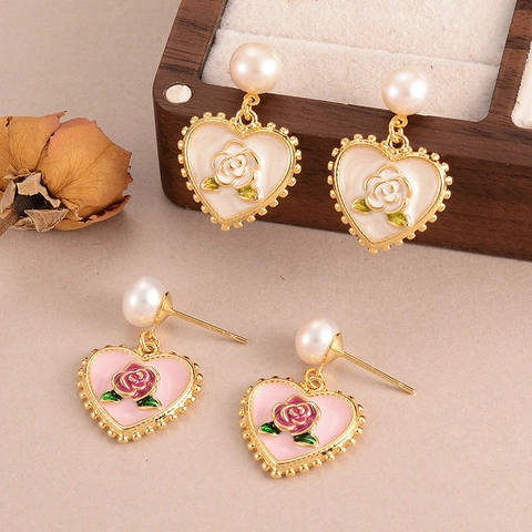 Orecchini a Bottone a Cuore e Rosa in Lega Vintage Con Perla Artificiale e Perno in Argento Sterling 925 Stile Retrò Francese Donna Gioielli