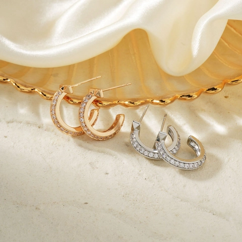 Franse Retro C-Vormige Halve Cirkel Oorbellen Met Micro Zirkoon Koperen Oorsteker Voor Dames Elegante Sieraden