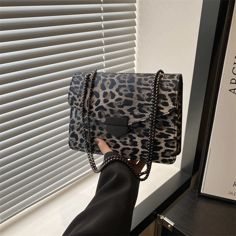 Borsa A Tracolla Con Stampa Leopardata In Pelle PU Borsa A Spalla Con Catena Borsa Quadrata Retrò Con Fibbia In Metallo Per Donne