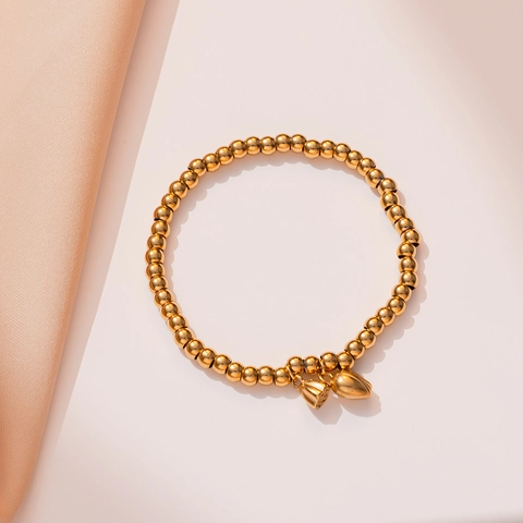 Luxury Gold Titanium Steel Beaded Bracelet For Women With Lotus Pod And Tulip Flower Bud Charm Adjustable Elastic Jewelry