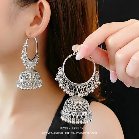 Vintage Jhumka Hoop Oorbellen Holle Legering Etnische Boheemse Stijl Sieraden Met Stalen Oorpasta Voor Vrouwen