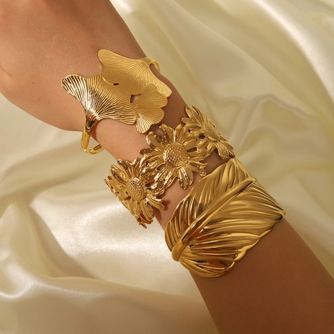 Sunflower Leaf Feather Ginkgo Gold 304 Stainless Steel Cuff Bracelet Bangle Waterproof Hypoallergenic Jewelry For Women