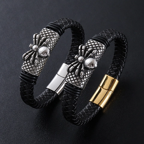 Bracciale In Pelle Intrecciata Da Uomo Con Ciondolo Ragno In Acciaio Inossidabile 304 Punk Hip Hop