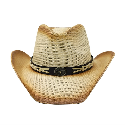 Westerse Cowboy Stropop Vintage Gradiënt Zonbescherming Brede Rand Met Leren Riem En Bull Head Badge