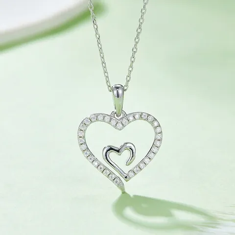 Collier Pendentif Cœur en Argent Sterling 925 Moissanite Ruban de Möbius Double Cœur Bijoux Romantiques pour Femmes Cadeau