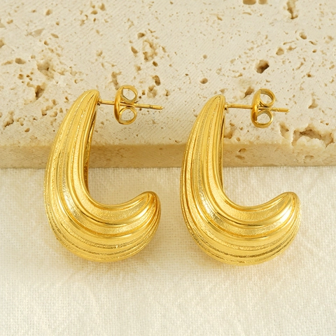 Boucles D'oreilles Épaisses En Forme De C Nervurées Acier Inoxydable Plaqué Or 18K Style Luxe Vintage Accessoire Bijoux Femme