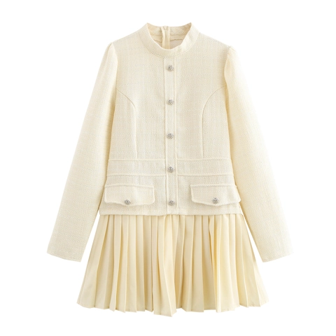 Französischer Tweed Mini Kleid Langarm Faltenrock Nähte Lagenlook Elfenbein Eleganz Für Damen