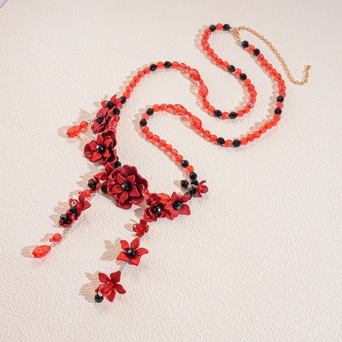 Bohemian Flower Beaded Waist Chain Acrylic Glass 3D Floral Tassel Belt Necklace Multipurpose Retro Accessory Women