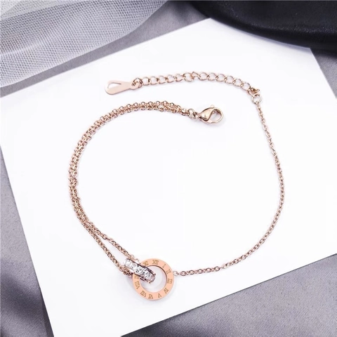 Interlocking Double Rings Anklet Titanium Steel 18K Rose Gold Plated Roman Numerals Zircon Inlaid Foot Jewelry For Women