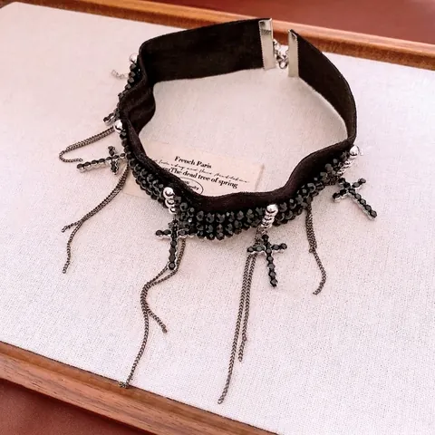 Gothik Samt Choker Halskette Mit Straß Kreuz Anhängern Und Quastenketten Für Damen Vintage Punk Schmuck
