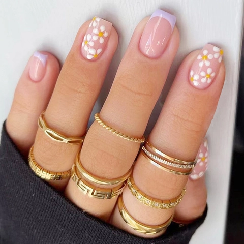 Press On Nails Purple French Tip Daisy Flower Pattern Glossy False Nails For Women Cute Student Sweet Style Manicure