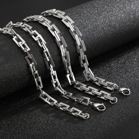Rectangular Link Chain Necklace Men 316L Stainless Steel Polished Industrial Hip Hop Punk Rock Style Minimalist Jewelry