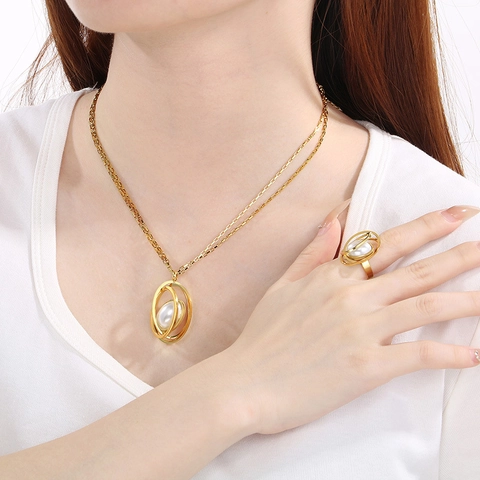 Bijoux Collier Boucles d'Oreilles Bague en Acier Inoxydable Plaqué Or pour Femme Perle Artificielle Géométrique Élégant